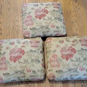 THREE FLORAL PILLOWS  WITH PIPING YELLOW PINK GREEN